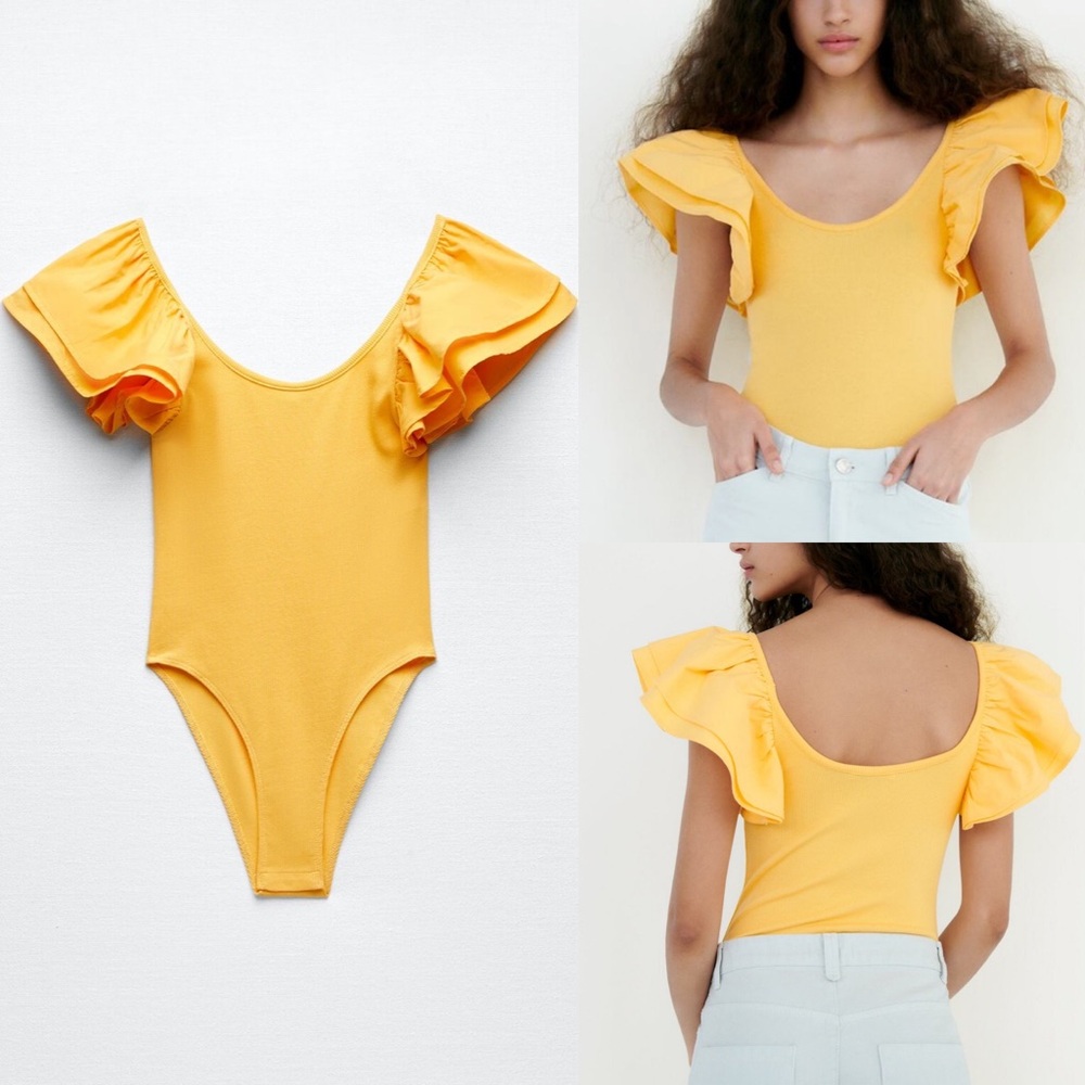 Zara NWOT yellow ruffle sleeves bodysuit top, stretchy